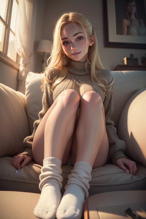 (8k), (best quality), (masterpiece:1.2), (realistic), (photorealistic:1.0), ultra-detailed, 1girls, cute, smile, beautiful detailed eyes, beautiful detailed nose, full body, wearing sweater, none bottoms, socks, socks texture must be natural, sit in a sofa, from below, realistic skin texture, attractive face, blond hair,