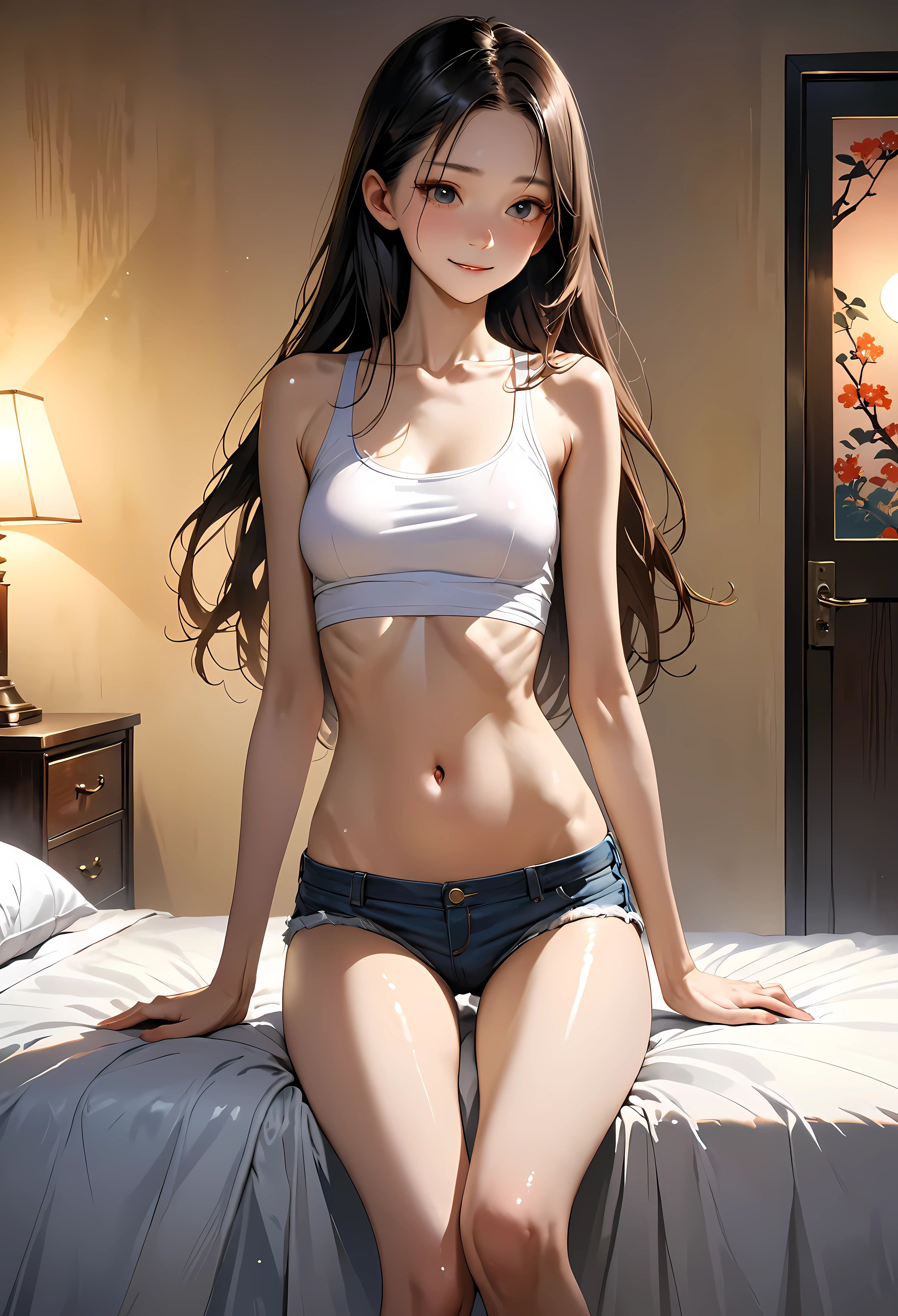((masterpiece,Highest quality;1.3,best illustration,realistic)),1woman、solo,18 year old beauty,((very small head)),center parted hair,black hair,long hair,black eyes,gorgeous eyes,shy,smile,medium breasts,((very long body)),((toned body,slender body,skinny)),gleaming skin,shiny skin,oily skin,White tank top、navel、denim micro shorts、Simple bed、Simple bedroom、Dimly lit room、Tokyo、