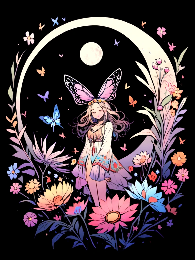 BLACK BACKGROUND, FULL MOON, A BUTTERFLY AND FLOWERS IN HIPPIE STYLE