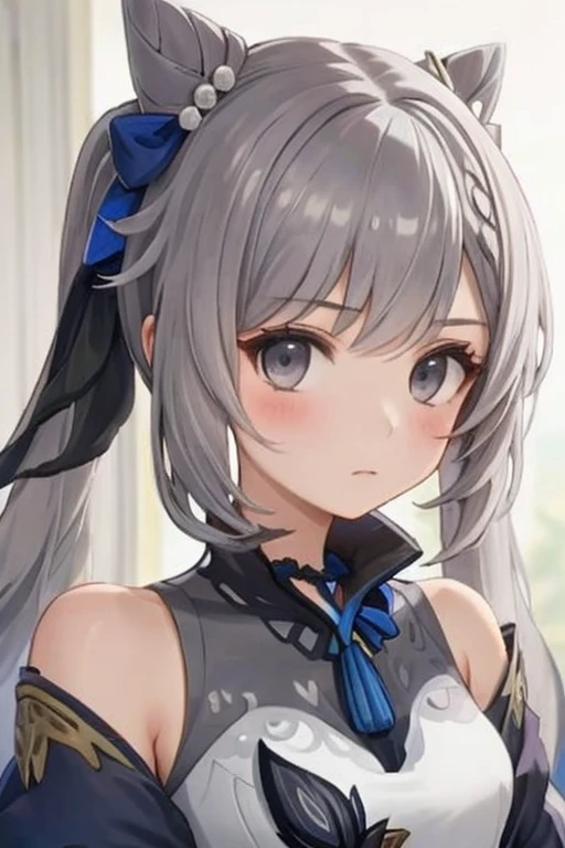 young girl with long light grey hair, grey eyes and has an emotionless expression