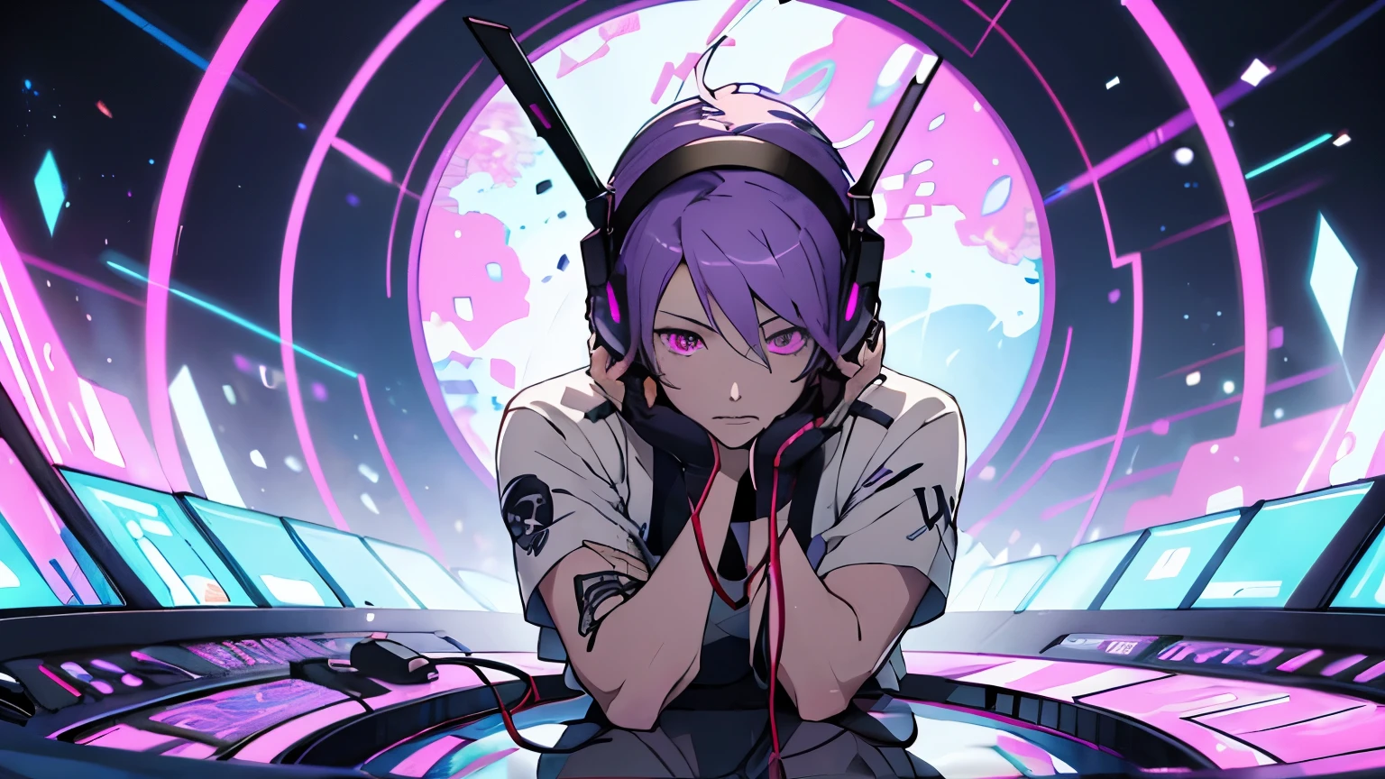 just inside a bottomless circle, with an anime style character, with purple hair, pink eyes, with headphone.