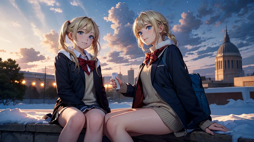 fullnude, masutepiece,8K,octans, Skysky, stele(Skysky), landscapes, starrysky, natta, looks at the camera, (Legs without stockings:1.iercing gaze, nigh sky, report, plein air, built, clouds, milkyway, City, silhuette, Cityscape,(Short, Low twin-tailed blonde hair:1.2), (Deep Blue Eyes:1.3, piercing gaze, small smile, (winter school uniform:1.1)? in love