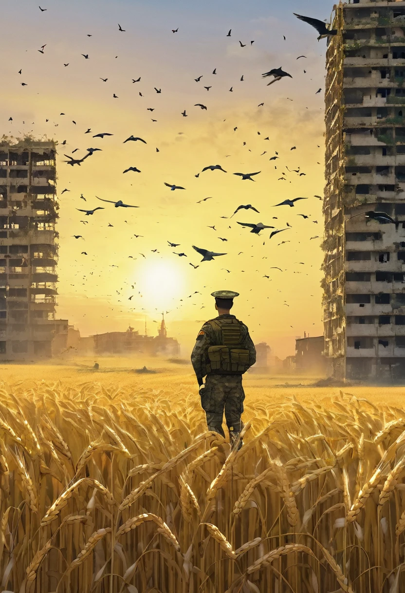 A military man stands in the middle of a wheat field, in the background there is a yellow dawn, and abandoned multi-storey buildings and birds fly in the sky in the distance