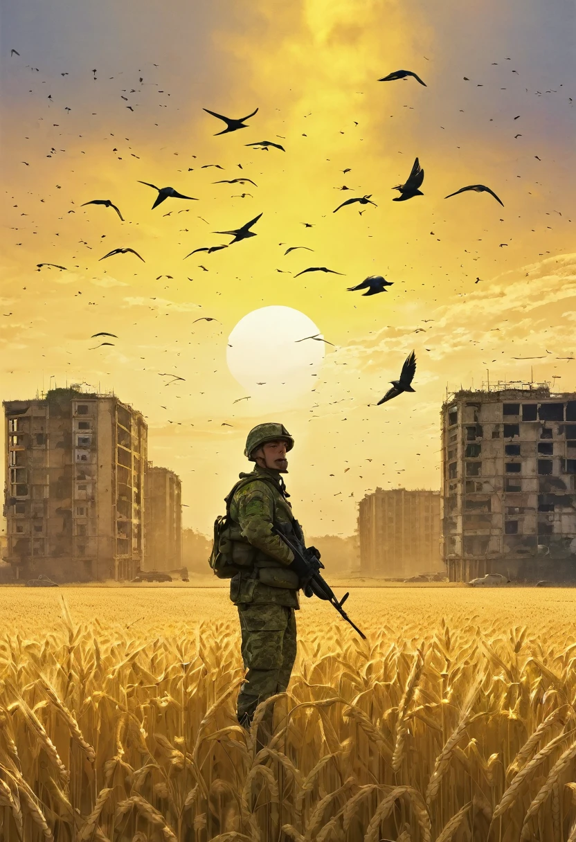 A military man stands in the middle of a wheat field, in the background there is a yellow dawn, and abandoned multi-storey buildings and birds fly in the sky in the distance