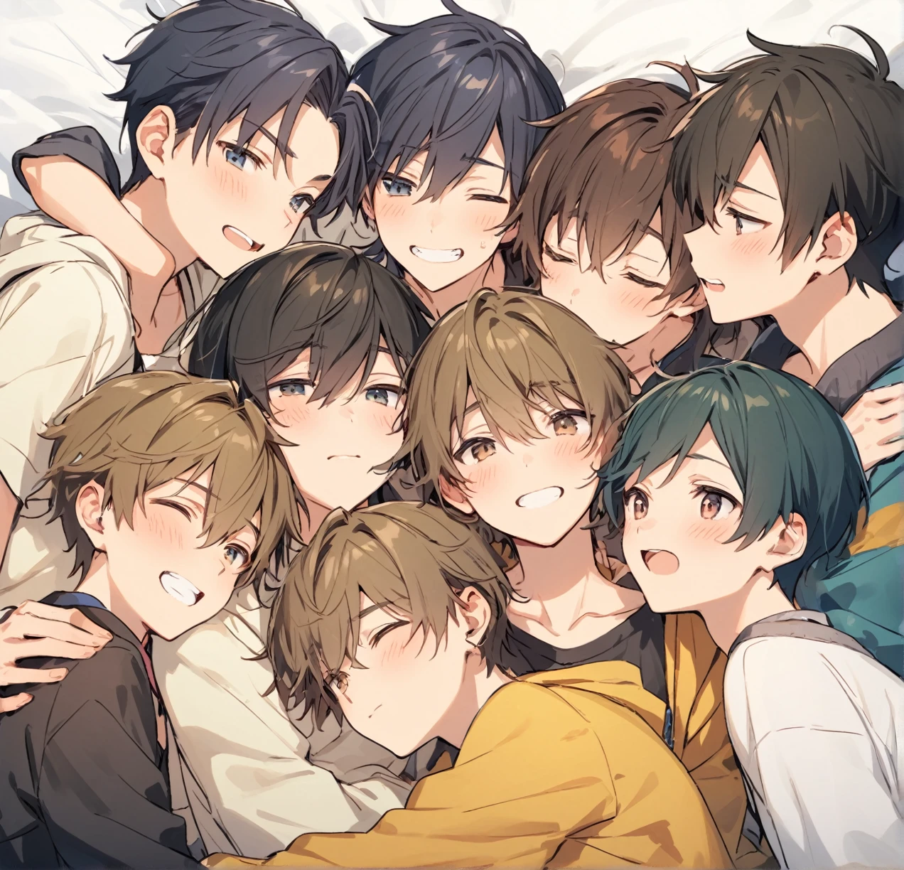 Five different cute male agers cuddling together