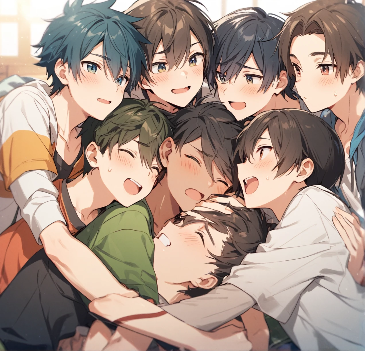 nudist daycare worker、Many  boys hug each other、rejoice out loud、in group photograph、Infirmary beds、From  above