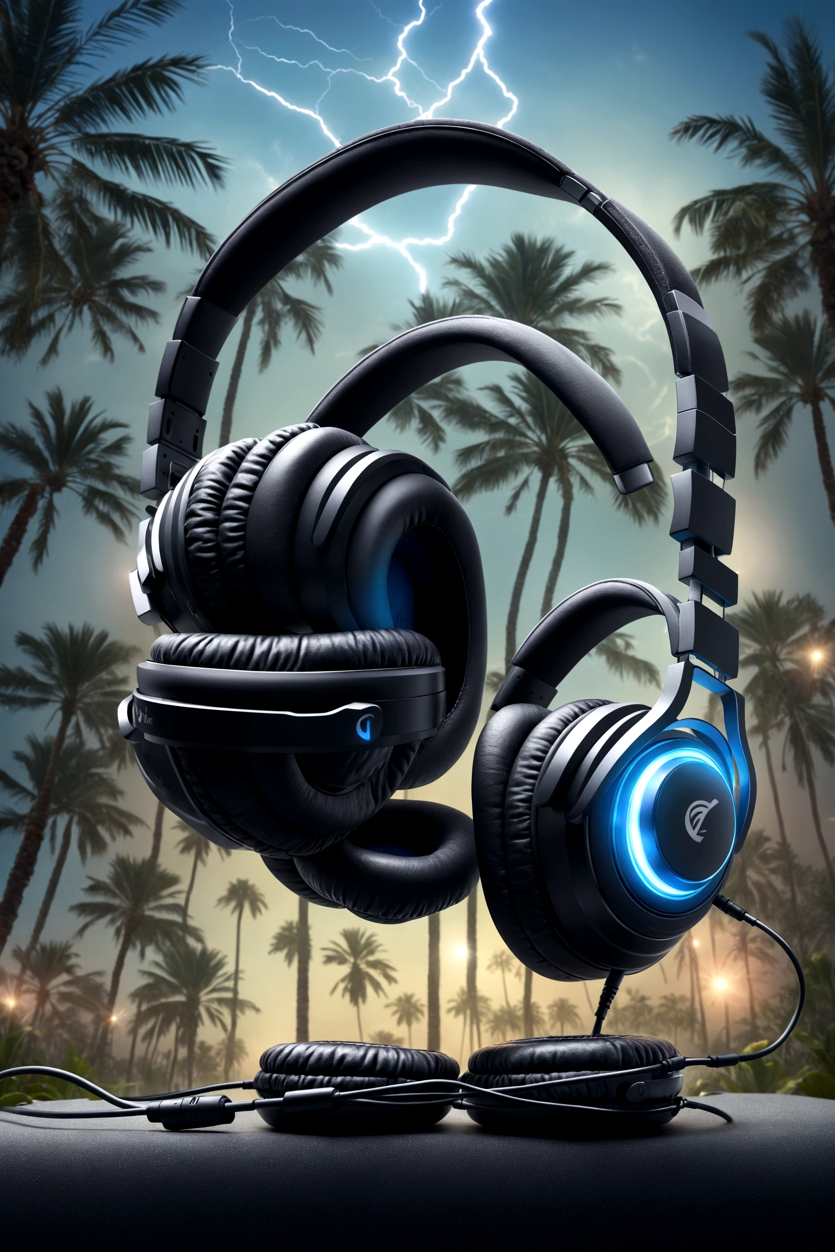 headphones, lightning around headphones, palm trees in the background, product, beautiful banner, magical effects around the headphones, beautiful effects, haze in the background, Magic