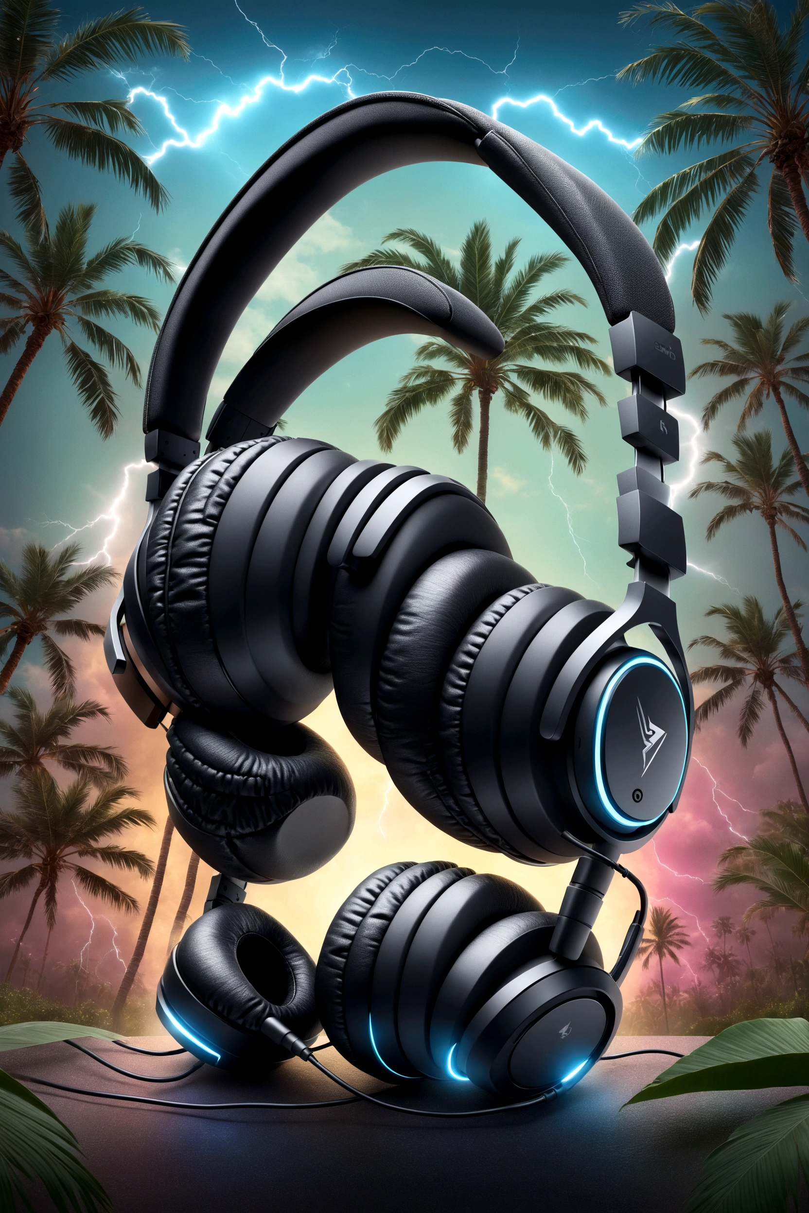 headphones, lightning around headphones, palm trees in the background, product, beautiful banner, magical effects around the headphones, beautiful effects, haze in the background, Magic