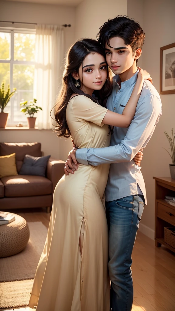 One beautiful girl and beautiful Boy are stand in living Room and  hugging each other and face expression is happy  , girl clothes is a Kurtis 