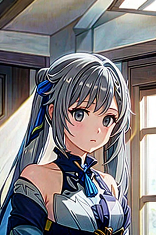 young girl with long light grey hair, grey eyes and has an emotionless expression