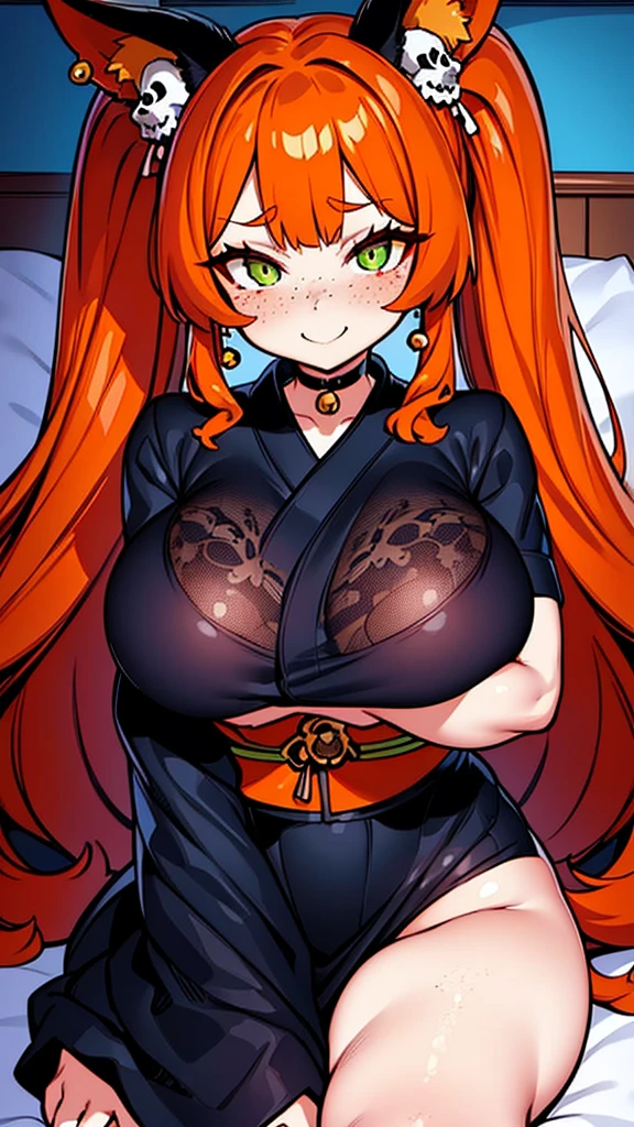 a beautiful and stunning woman with long, wavy orange hair and green eyes, twin volumous ponytails, wearing a black kimono with a red floral print , orange fox ears, lying on the bed with a shy smile, red cheeks and light freckle marks only on her face, defined silhouette, huge breasts, thick thighs, earrings of skulls, dark environment, dark colors, pastel tone, cold palette, sharpness, attention to detail, richness of details, cute aesthetics, cherry blossoms decorating the hair