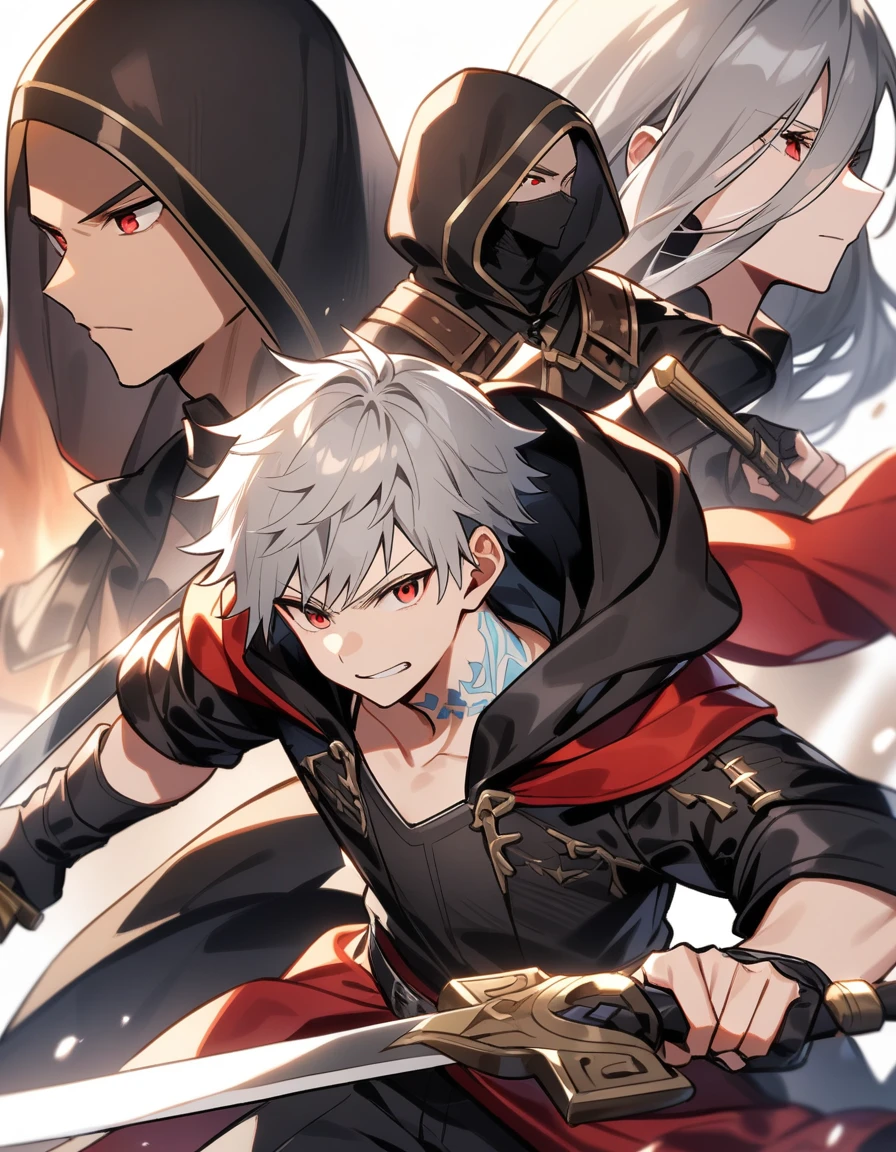 Short grey hair、Red Eye、A fearless face、Black clothing with leather hood、Wearing gloves、Light blue tattoo of ancient characters on neck and wrist、16 year old boy、Holding a Western-style sword、Swordsman