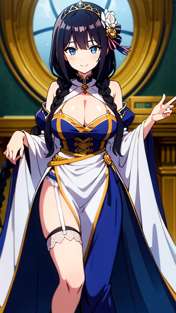 best quality,extremely detailed,anime style,1girl,Long hair down to the waist,straight hair,Dark black hair with bluish,Braid on top of the head,beautiful detailed eyes,pinched eyes,dark blue eyes,huge breasts,smile,garter belt,princess motif white base idol dress,Fluttering and mysterious clothes,hair ornament,bright idol stage,dynamic pose,in aikatu style,fullbody