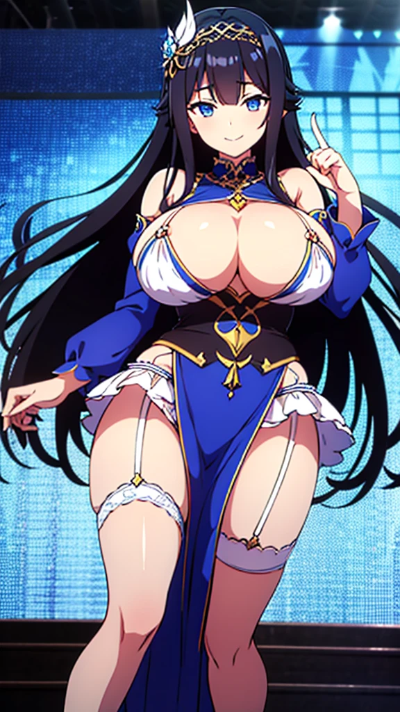 best quality,extremely detailed,anime style,1girl,Long hair down to the waist,straight hair,Dark black hair with bluish,Braid on top of the head,beautiful detailed eyes,pinched eyes,dark blue eyes,huge breasts,smile,garter belt,princess motif white base idol dress,Fluttering and mysterious clothes,hair ornament,bright idol stage,dynamic pose,in aikatu style,fullbody