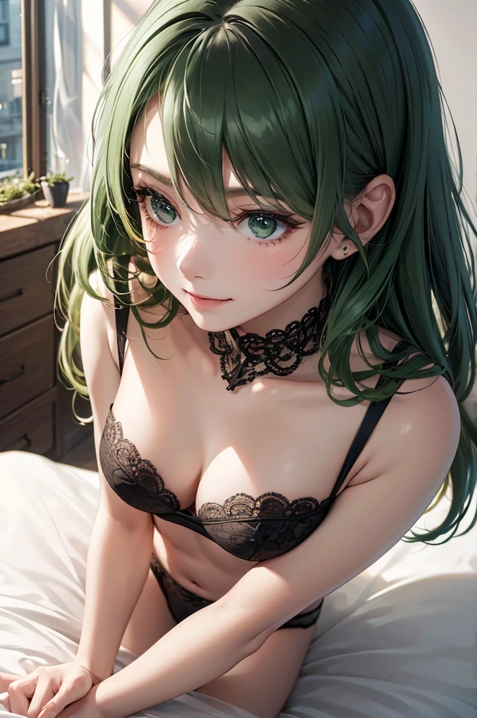(Best Quality,High resolution,8K,finelity detailed background,Masterpiece:1.2),beautiful girl,Shiny green hair,messy hair,Green Eyes,Gentle look,A refreshing look,Best quality,Best Quality,Aesthetic and aesthetic:1.2,Best details((Super detailed))(High-definition CG illustrations),Glamorous black underwear (black,intricate lace),Slender body,night,Moonlight,Bedroom,On the bed,smile,blush,cute,Scrounge,Looking up,Being spoiled,super model
