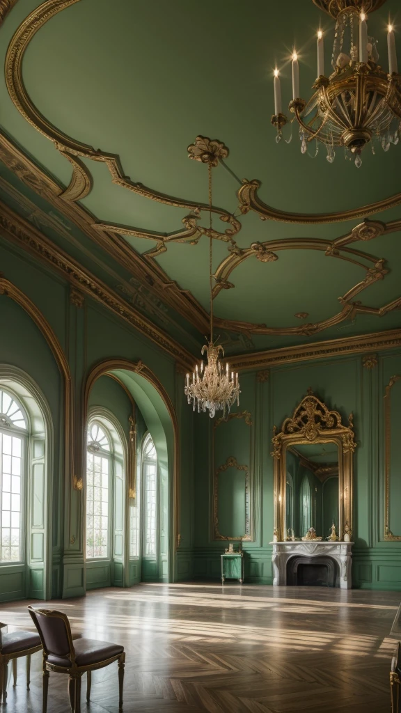 meeting room for mystical beings where there is a lake for mermaids in a rococo style castle but for witches with white walls and light green marble with gold