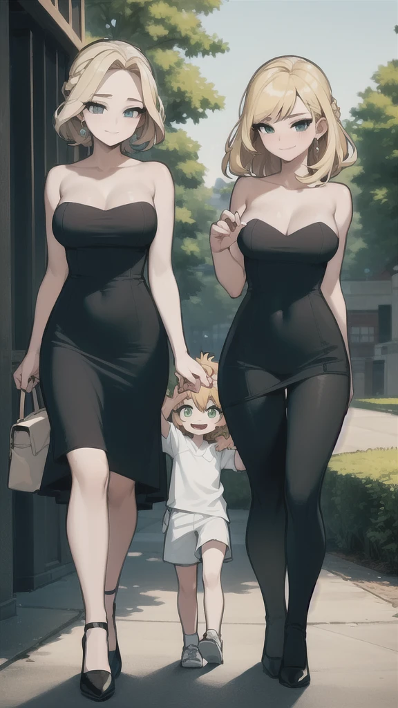 three sexy women in bride dresses walking and looking down at 4 years old boy with blonde hair and shorts, women have flirtatious smiles and various hair, ultra hd