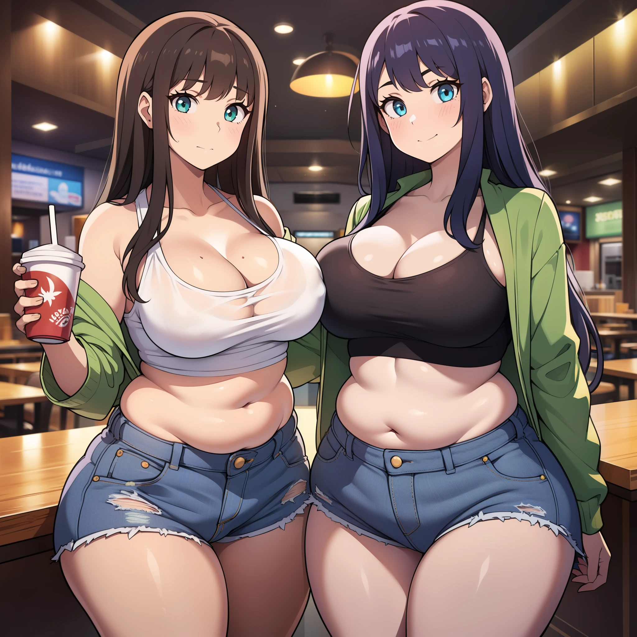 ((highres)), Masterpiece, high quality, best quality, beautiful, perfect lighting, detailed face, ultra cute face, ((2girls)), one girl has blonde hair, blue eyes, crop top and shorts skindentation, one girl has brown hair, green eyes, jeans, white shirt, thighs clothes, full body, fast food restaurant, medium , perky breastsage, ((wi), ((thick thighs)), ass, ((plump)), chubbylly, fat folds, standing next to each other,