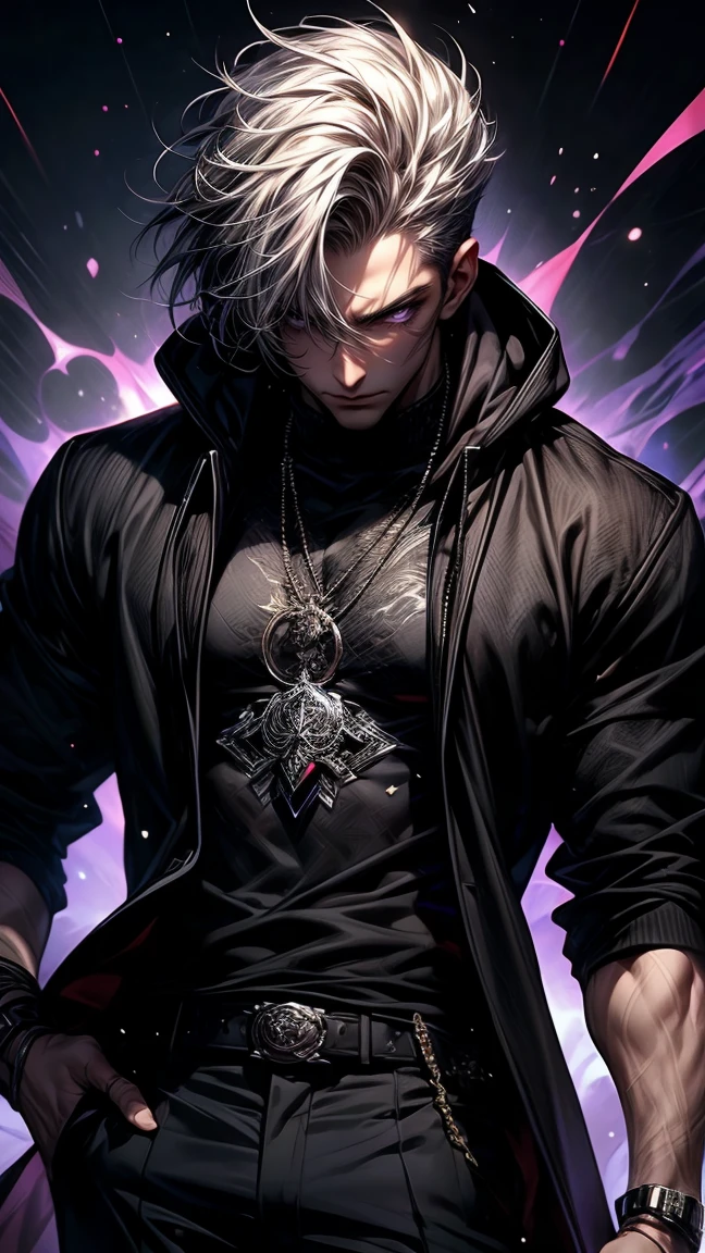 Masterpiece, best quality, high resolution, highly detailed, 1 boy, handsome face,  white hair ( light in the hair), purple eyes ( glowing eyes ), cold expression ( cold look ), wearing a black hoodie, and black pants, black watch, surrounded by the splendors of the universe, pay attention to stunning details, and achieve a resolution of 64k, floating in a dynamic pose, high quality, with a majestic aura of authority.