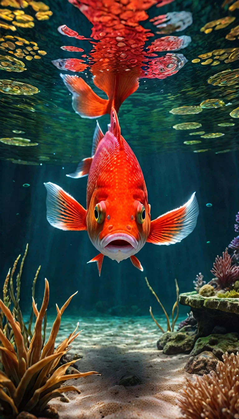 Front view，A red fish at the bottom of the lake(best quality，4K，8K，High level，masterpiece：1.2），Ultra Detailed，（lifelike，Photo real，Photo real：1.37），Highly detailed animals，Complex patterns，Realistic lighting，Fantasy Creatures