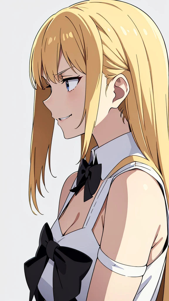 (1girl,20 years old,mature female),blonde hair,long hair,white dress,bare shoulders, sleeveless, black bow tie, bare shoulders,angry,smile,cleavage,(simple background,white background),profile