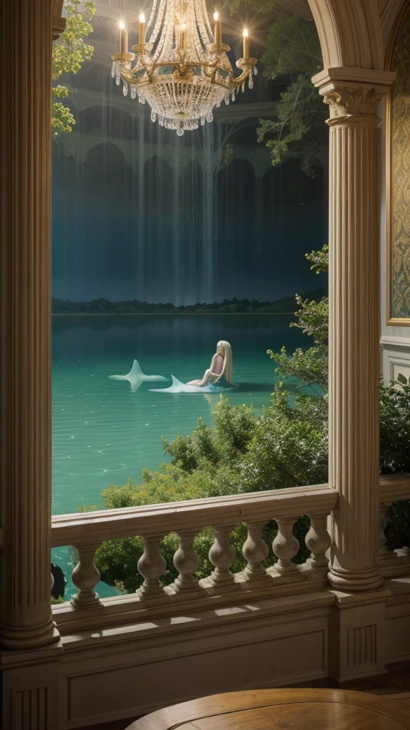 meeting room for mystical beings where there is a lake for the mermaids in a rococo style castle