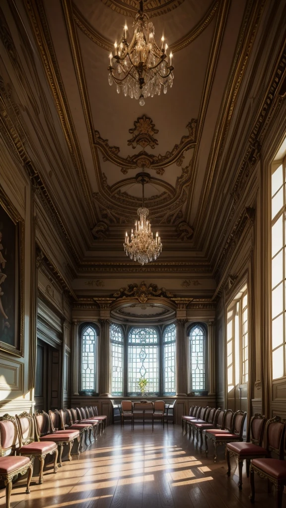 meeting room for mystical beings where there is a lake for the mermaids in a rococo style castle