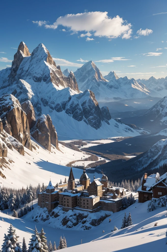 massive city built into snowy mountain, stone buildings