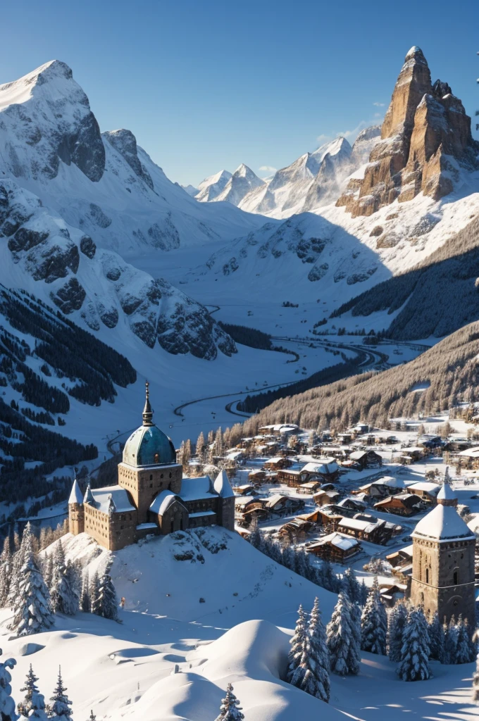 massive city built into snowy mountain, stone buildings