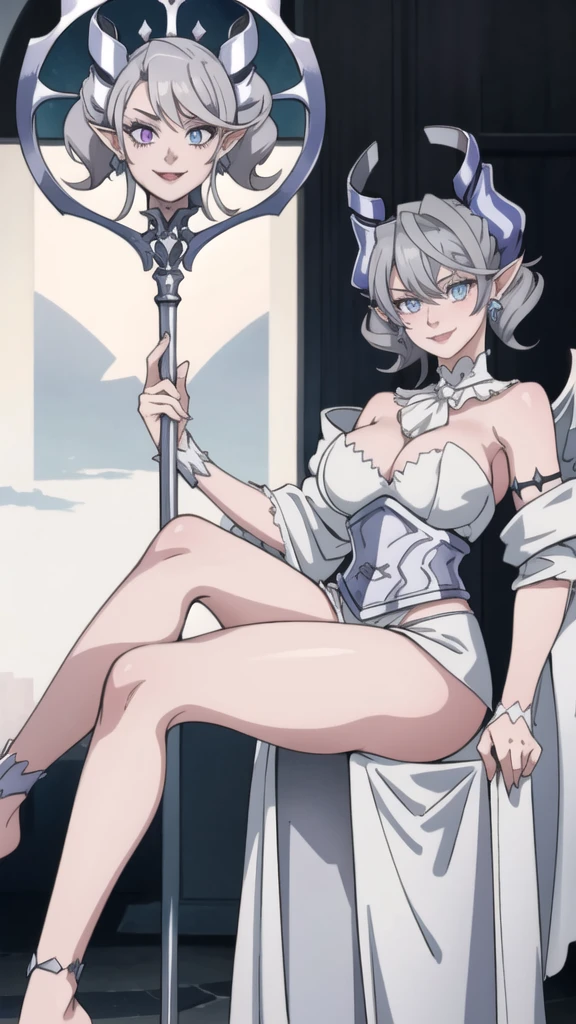   High level image quality　best image quality　8K　 adult woman   silver castle outside  more colors   whole body view　portrait   　horn    ears  　short hair（（shortcut）（gray hair）（perm）（fluffy））　eye color is blue ,  , 　attractive evil face , smile    ,  sexy pose   ,  labrynth ,  barearm    , wearing pink , large wings    , standing  , crossed legs, view foot arc   , view behind