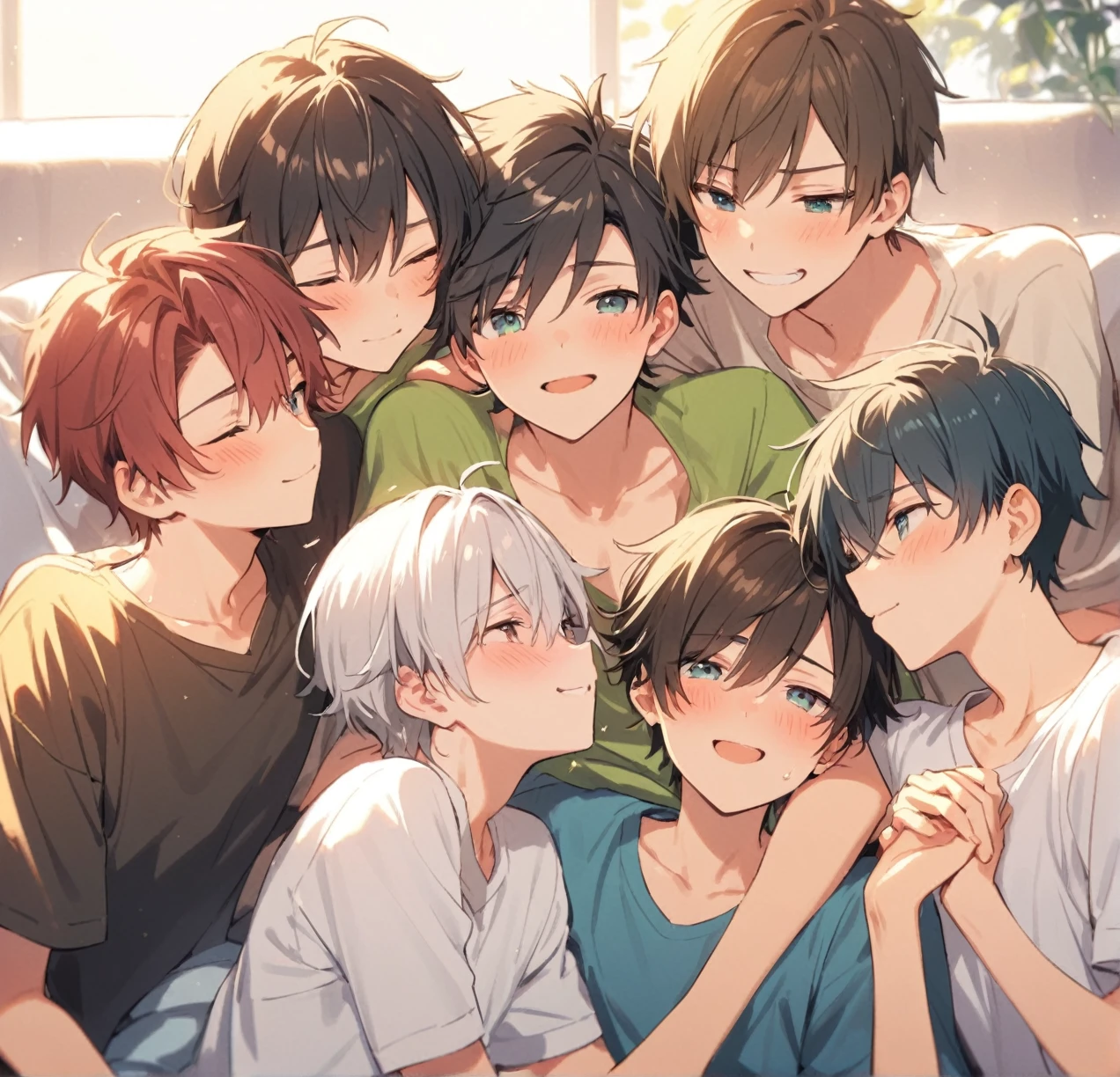 5 different cute male teenagers cuddling together