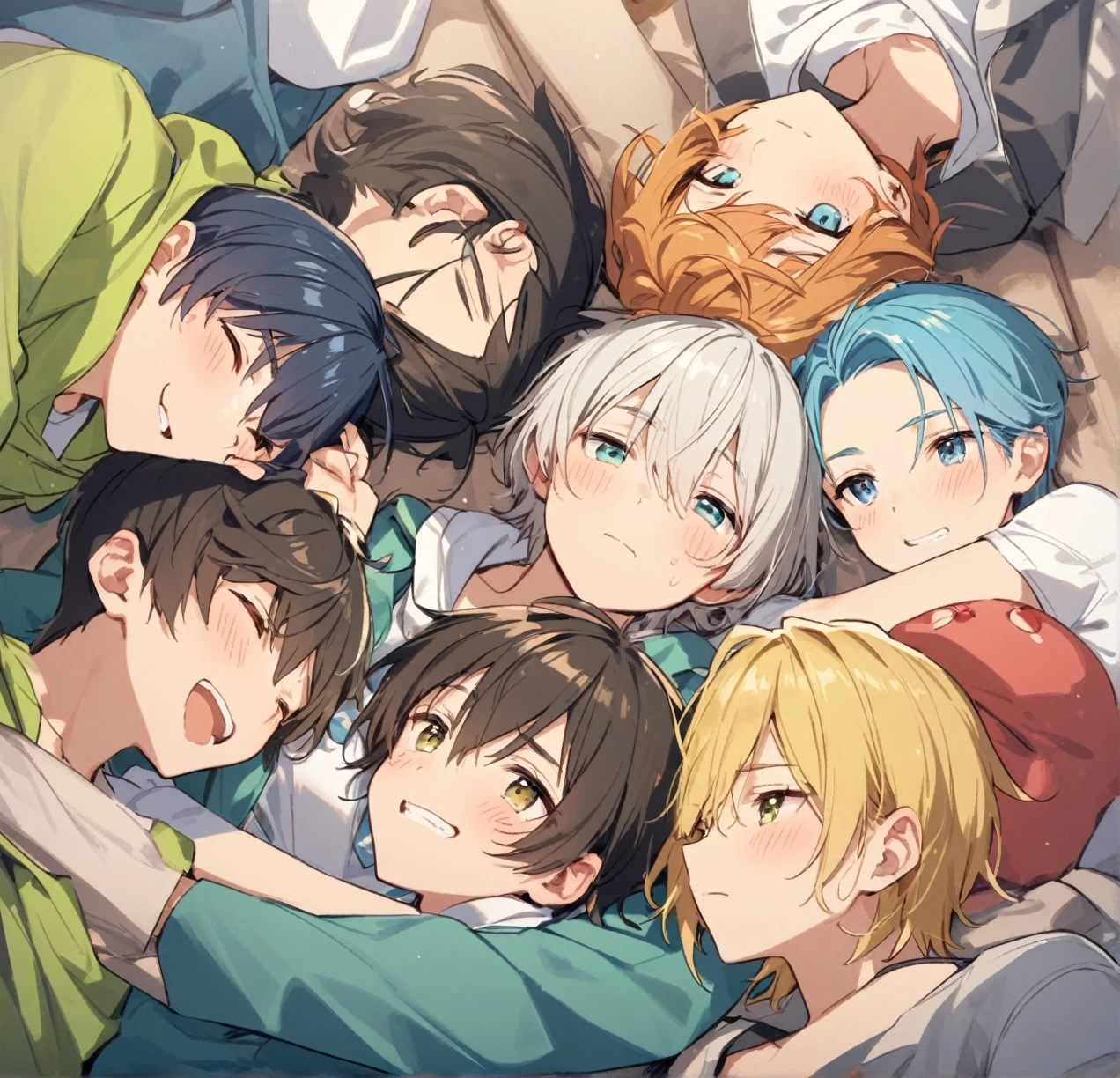 5 different cute male teenagers cuddling together