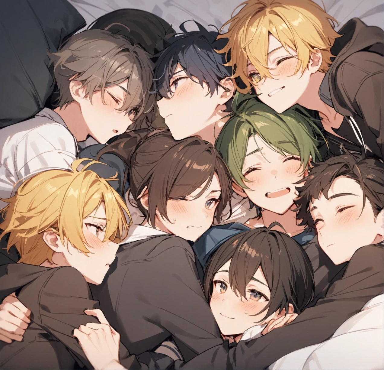 Five male agers cuddling and kissing