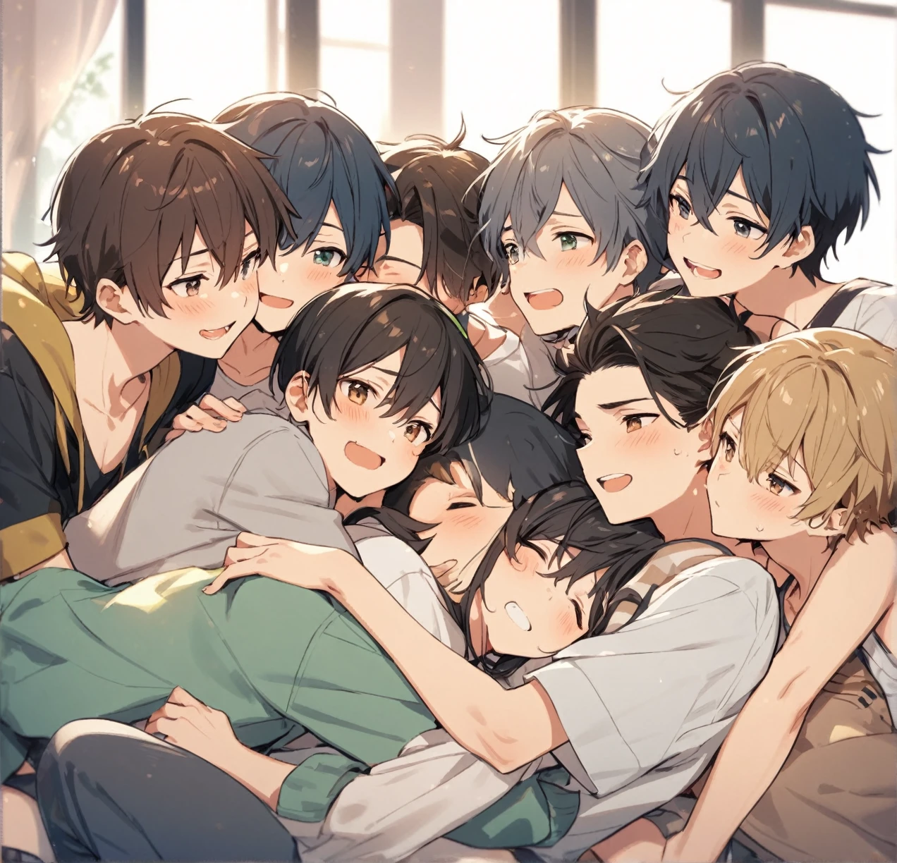 5 different cute male teenagers cuddling together