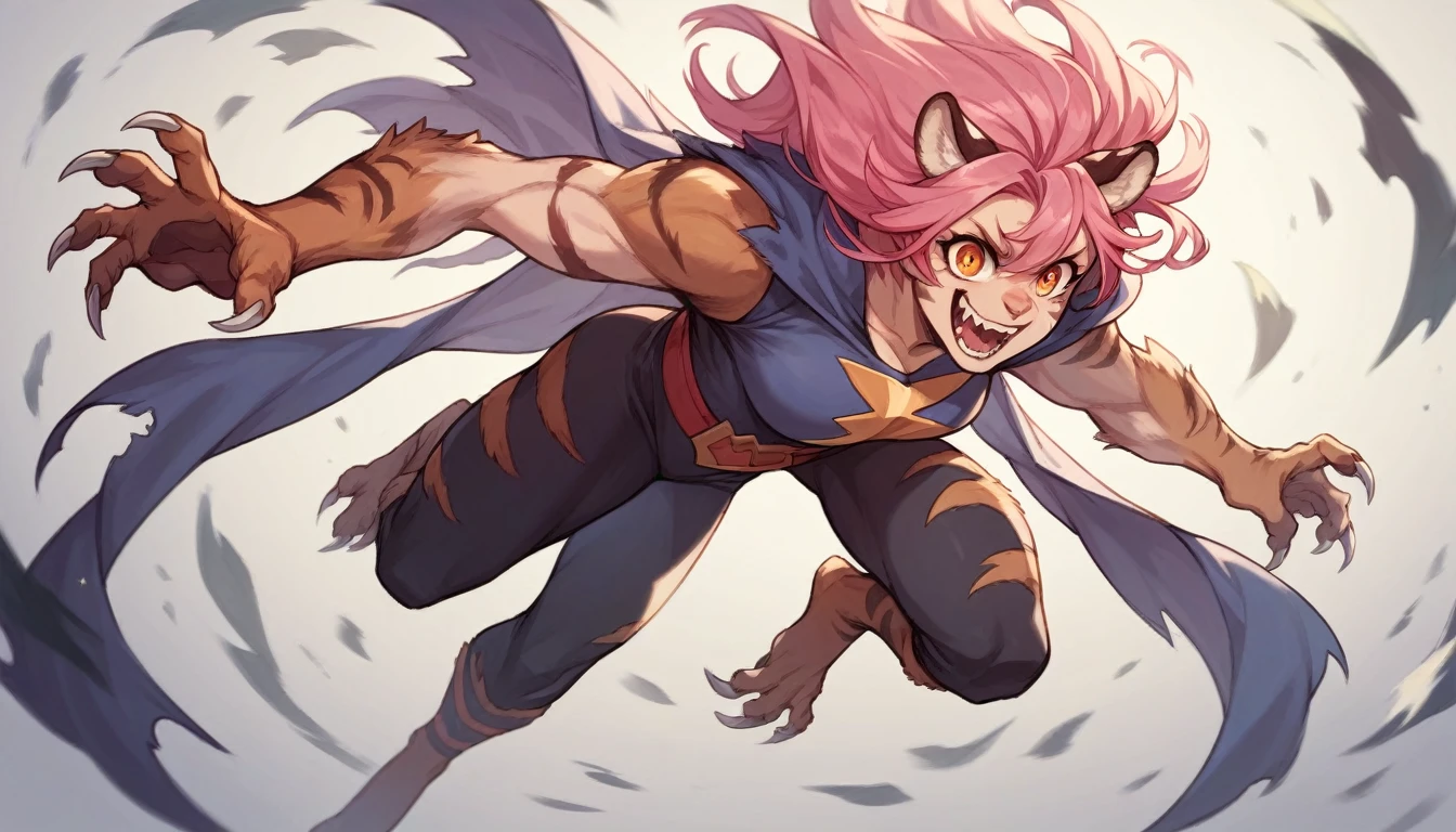 Werewolf girl with metal claws pink hair super hero costume tiger eyes flying in air