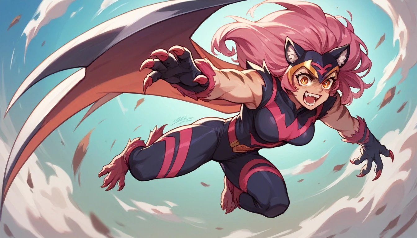 Werewolf girl with metal claws pink hair super hero costume tiger eyes flying in air