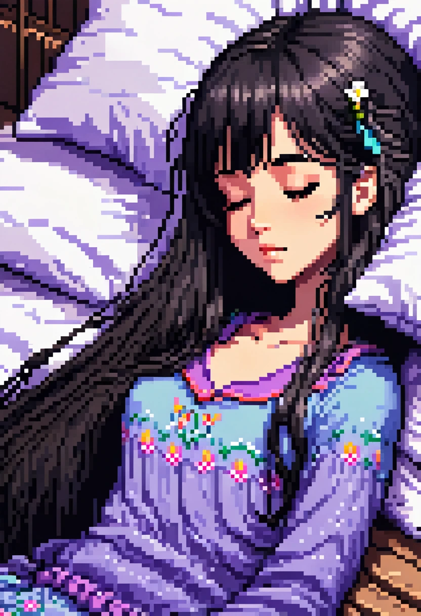 pixel art, a sleeping girl with long dark hair, bangs