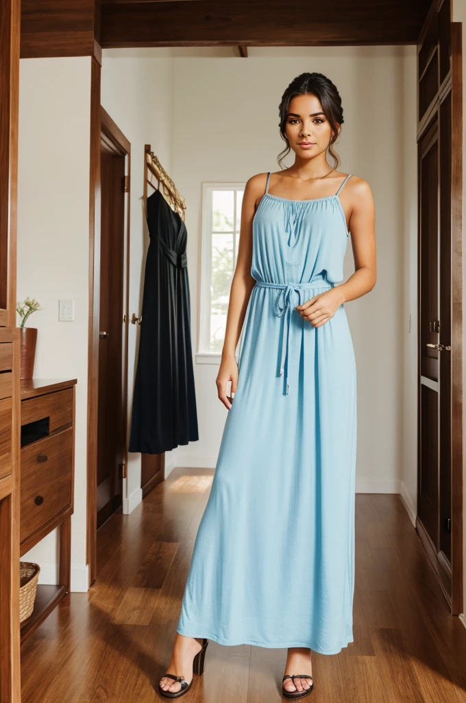 A beautiful young woman is standing in the room wearing a maxi