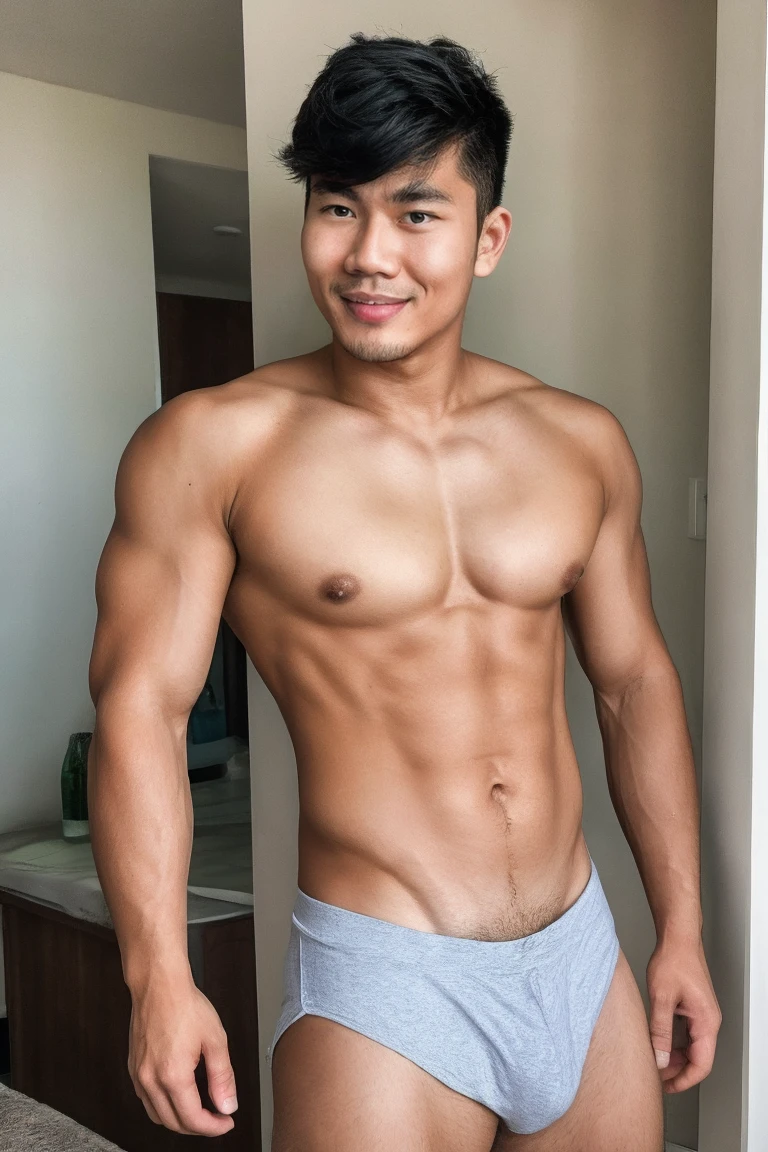 wavy  bangs hair, thai guy,27 age,at condo, (very lean :1.2)