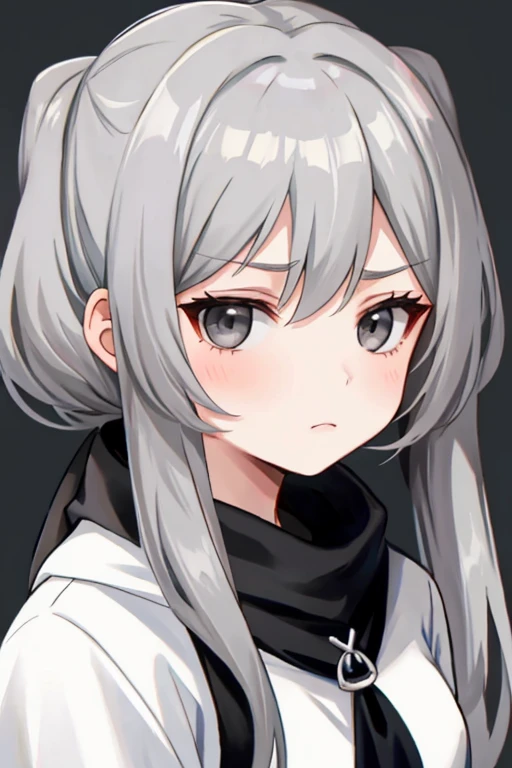 young girl with long light grey hair, grey eyes and has an apathetic expression on her face