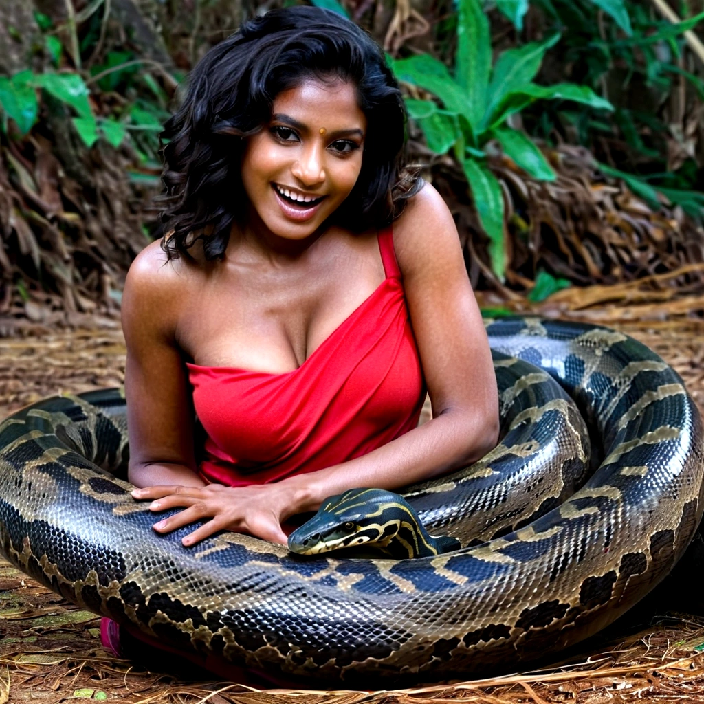 Happy Horny, aroused 1girl), beautiful kneeling indian young girl with giant colossal black titanboa squeezing her hard, wrapped in thick spiraling coils, constricted, struggle, gasping for air, snake attack, snake peril, moonless night, dim light