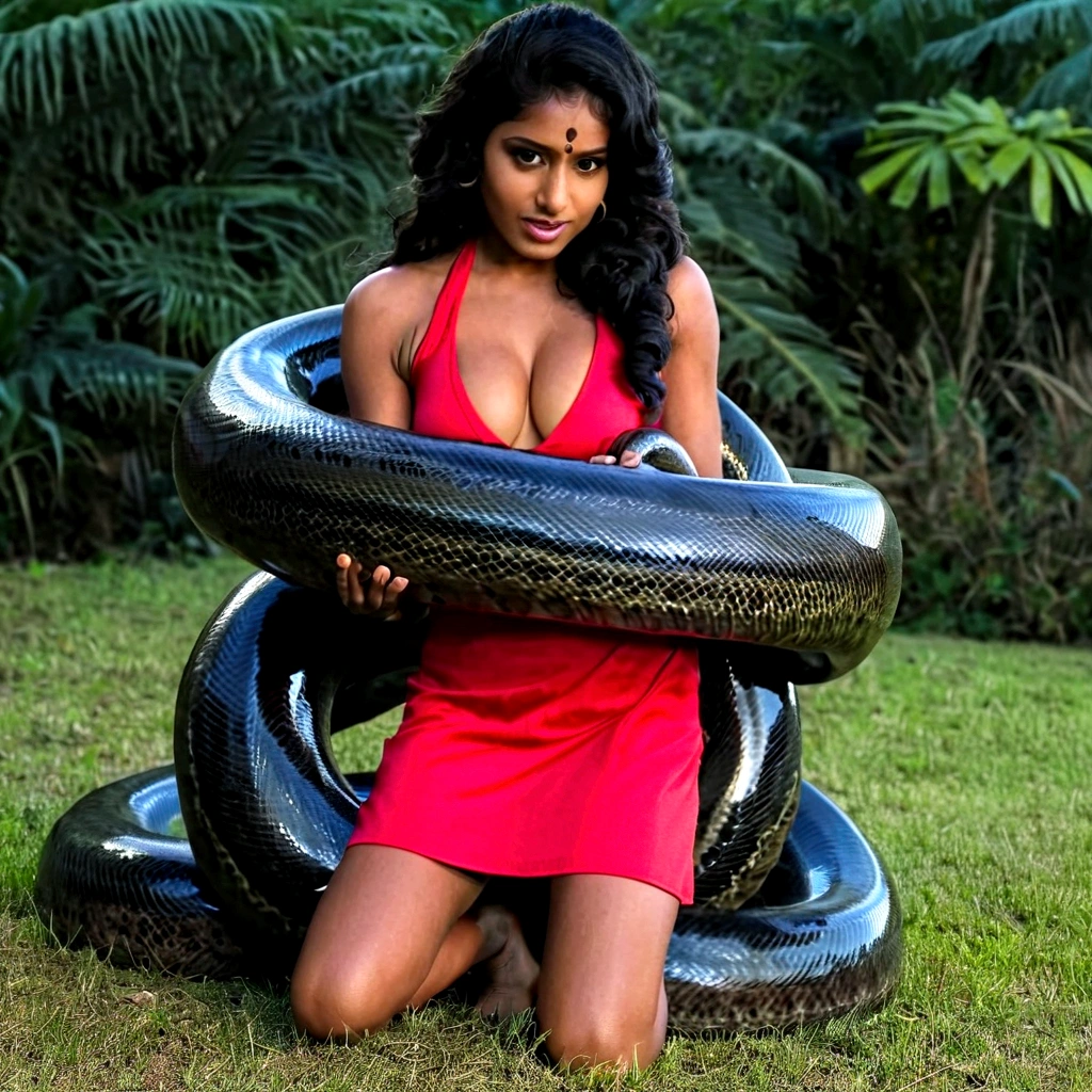    Happy Horny, aroused 1girl), beautiful kneeling indian  girl  with  giant colossal black titanboa squeezing her hard, wrapped in thick spiraling coils, constricted, struggle, gasping for air, snake attack, snake peril, moonless night, dim light