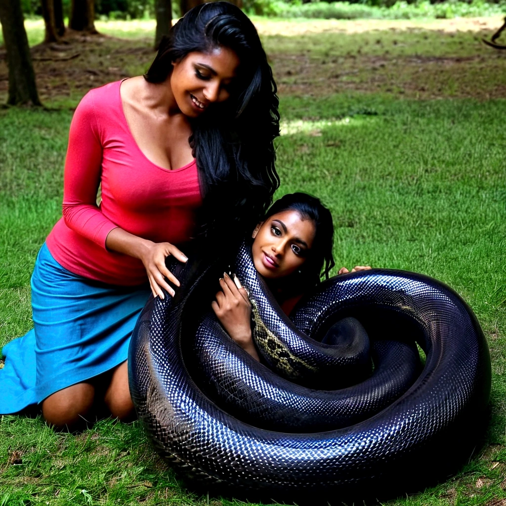 Happy Horny, aroused 1girl), beautiful kneeling indian young girl with giant colossal black titanboa squeezing her hard, wrapped in thick spiraling coils, constricted, struggle, gasping for air, snake attack, snake peril, moonless night, dim light