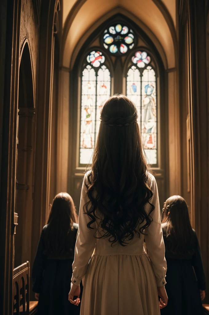an illustration of the cover of a horror film in a chapel and a field where there are 2 girls, one of the girls with black curly hair and the other with straight brown hair , they are scared, dirty and looking back
