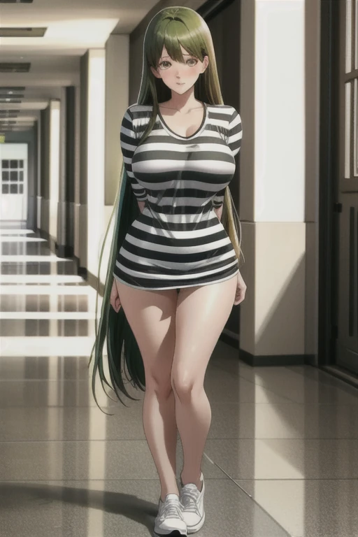 an anime girl with her arms behind her back, dressed as a prisoner, in a hallway, 1 girl, full body, alone, long hair, looking at viewer, shirt, brown eyes, green hair, loose hair, blush, walking in the hallway, dressed in a striped t-shirt, with horizontal stripes, black and white striped shirt, big breasts, long sleeves, with (arms behind the back), no pants, bare legs, white sneakers, no socks, mature.