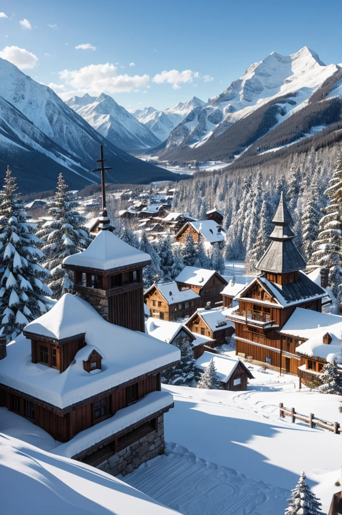 massive city built into snowy mountain, stone buildings