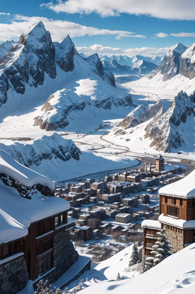 massive city built into snowy mountain, stone buildings