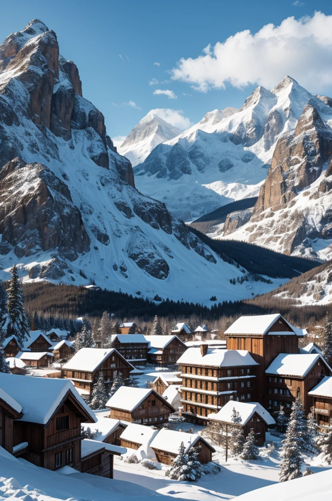 massive city built into snowy mountain, stone buildings