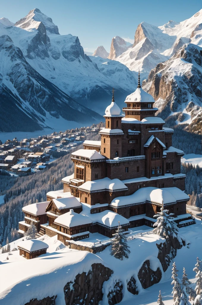massive city built into snowy mountain, stone buildings