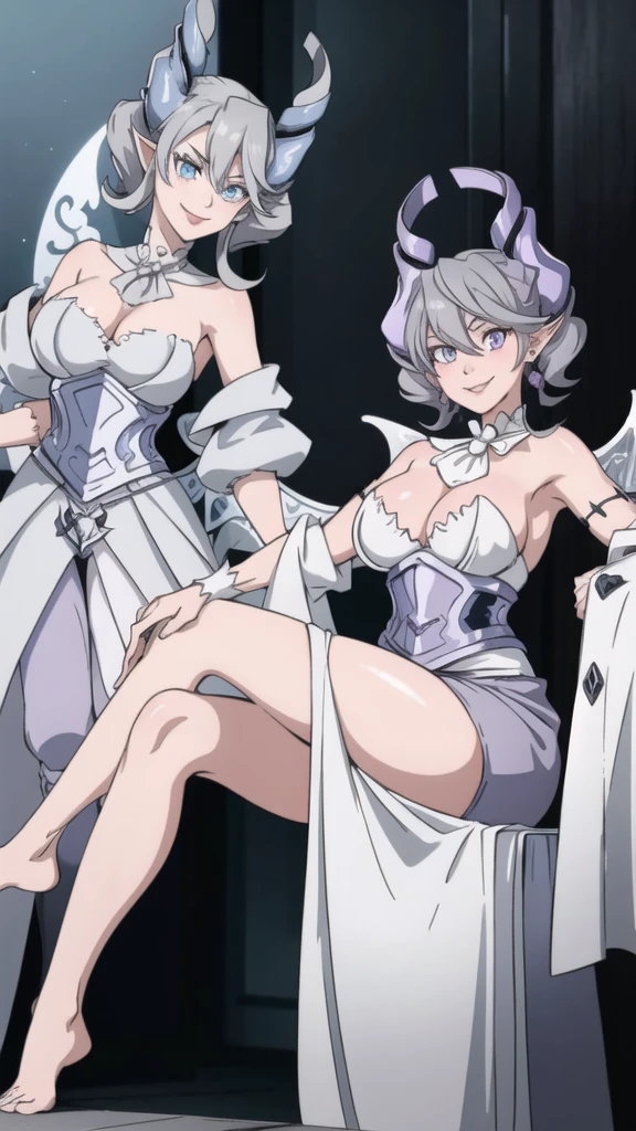 High level image quality best image quality 8K adult woman silver castle outside more colors whole body view portrait horn ears short hair((shortcut)(gray hair)(perm)(fluffy)) eye color is blue , , attractive evil face , smile , sexy pose , labrynth , barearm , wearing pink , large wings , standing , crossed legs, view foot arc , view behind
